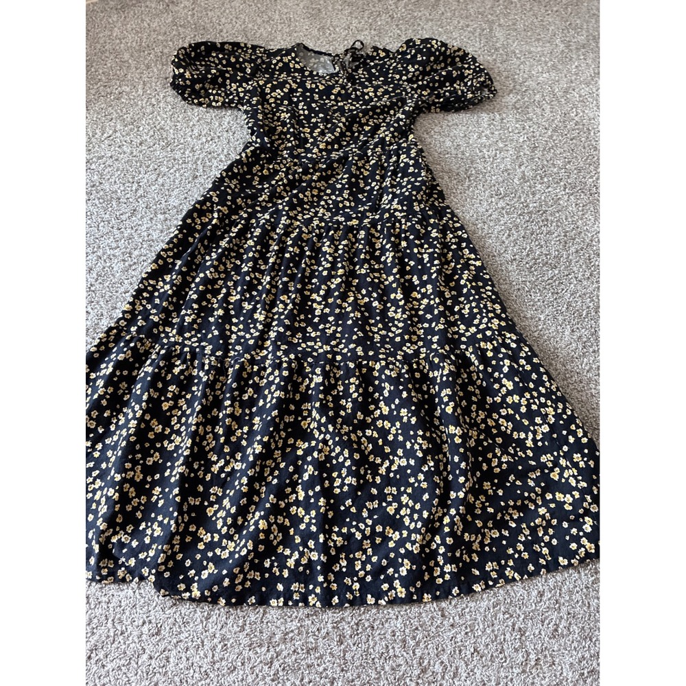 Who What Wear Black Yellow Floral Linen Blend Tiered Puff Sleeve Midi Dress M